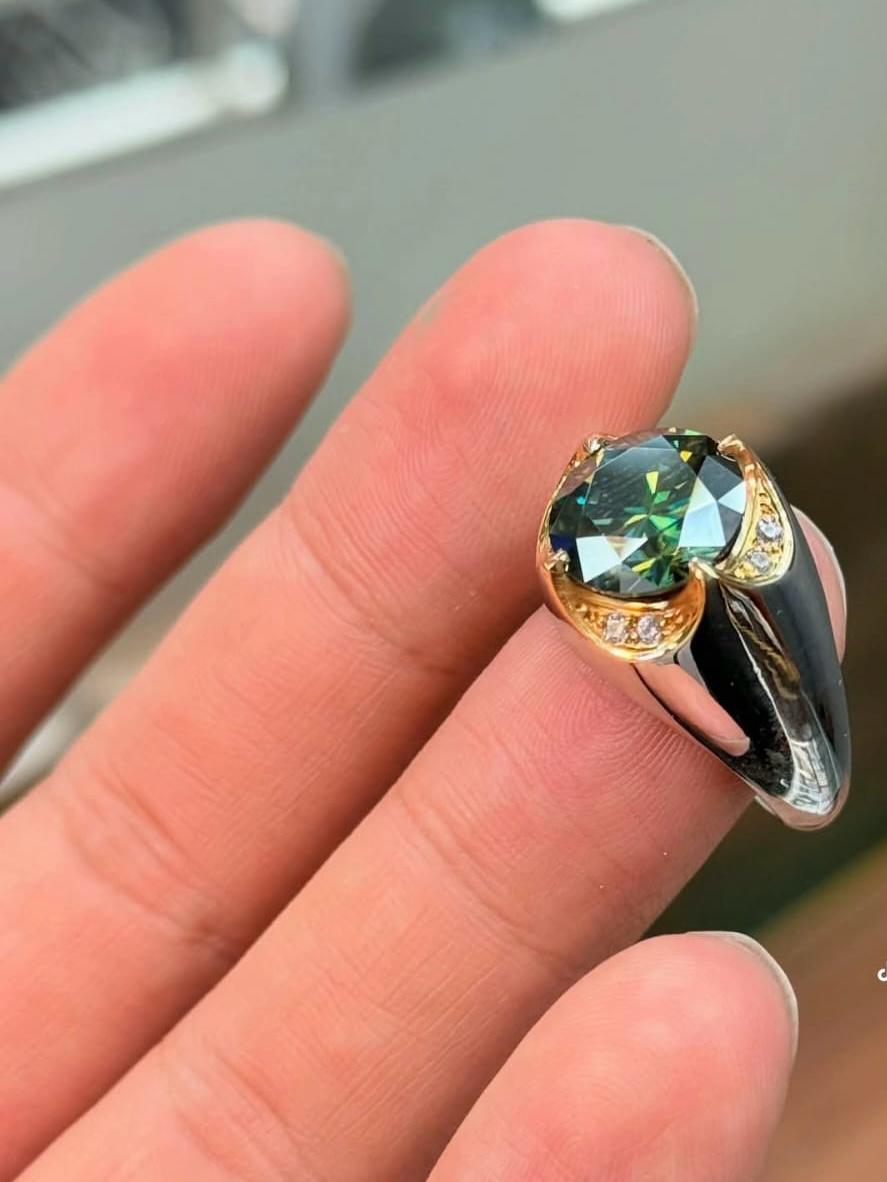 Luxury Men’s Green Gemstone Ring – Silver & Gold Plated with Diamond Accents