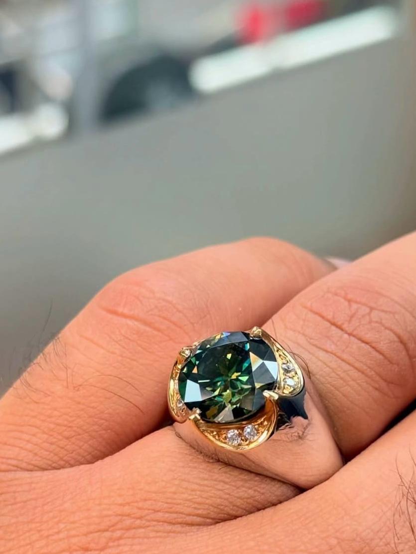 Luxury Men’s Green Gemstone Ring – Silver & Gold Plated with Diamond Accents
