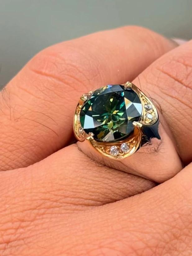 Luxury Men’s Green Gemstone Ring – Silver & Gold Plated with Diamond Accents