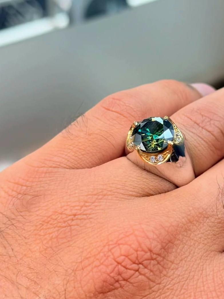 Luxury Men’s Green Gemstone Ring – Silver & Gold Plated with Diamond Accents