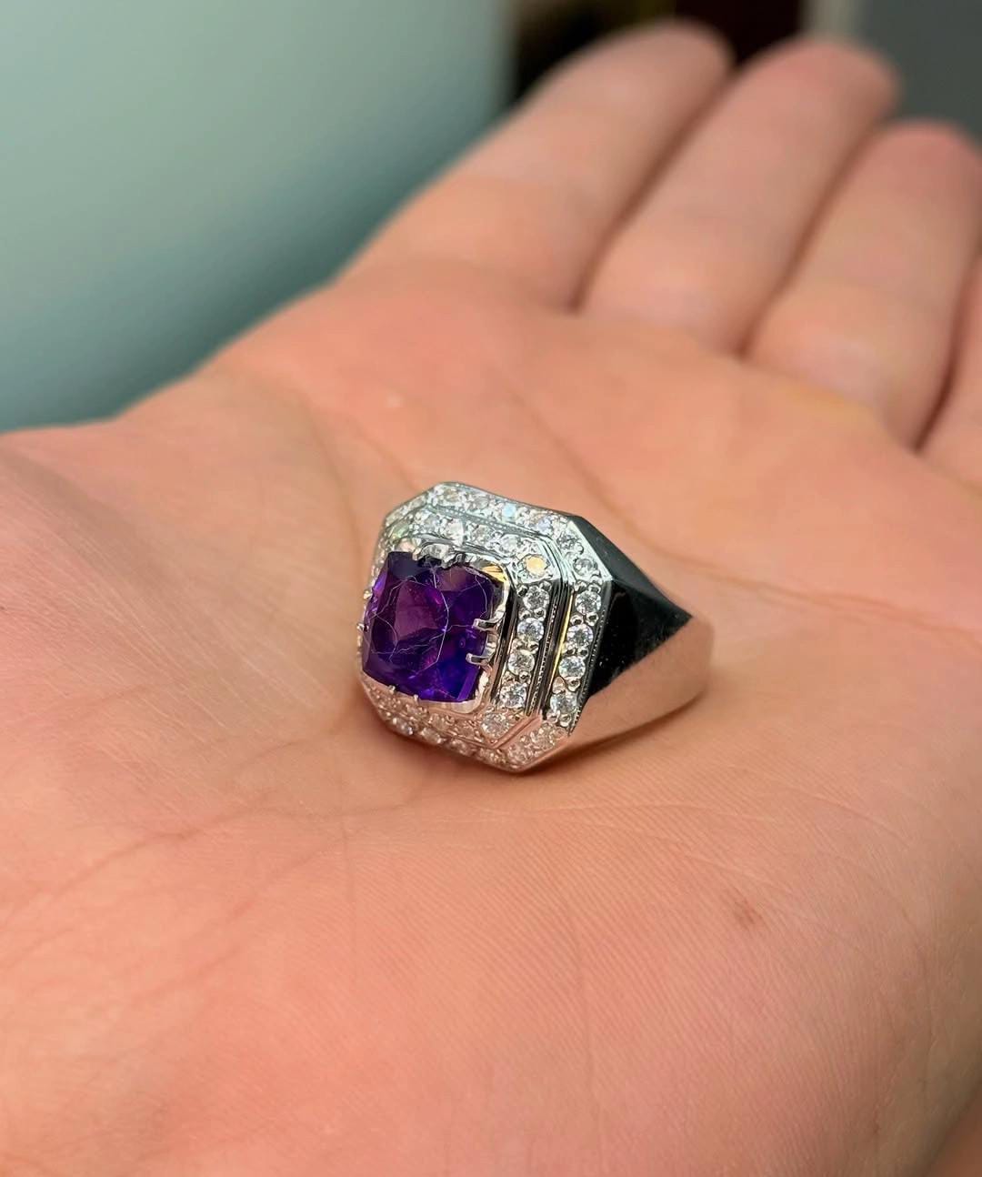 Men’s Royal Purple Gemstone Ring – Silver Band with Diamond Accents