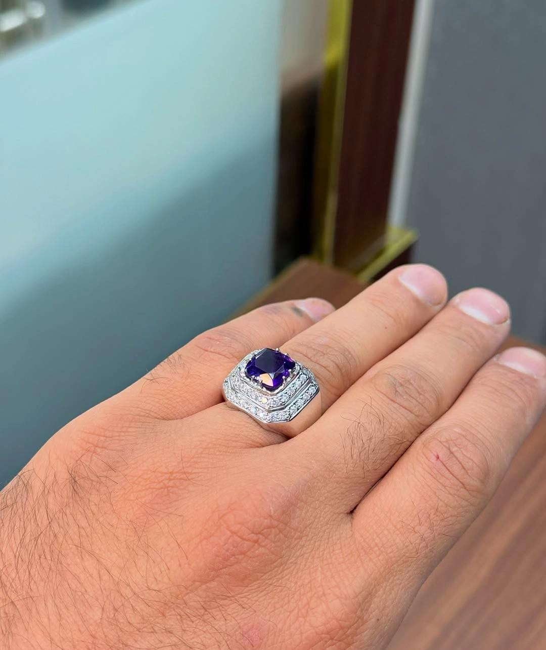 Men’s Royal Purple Gemstone Ring – Silver Band with Diamond Accents