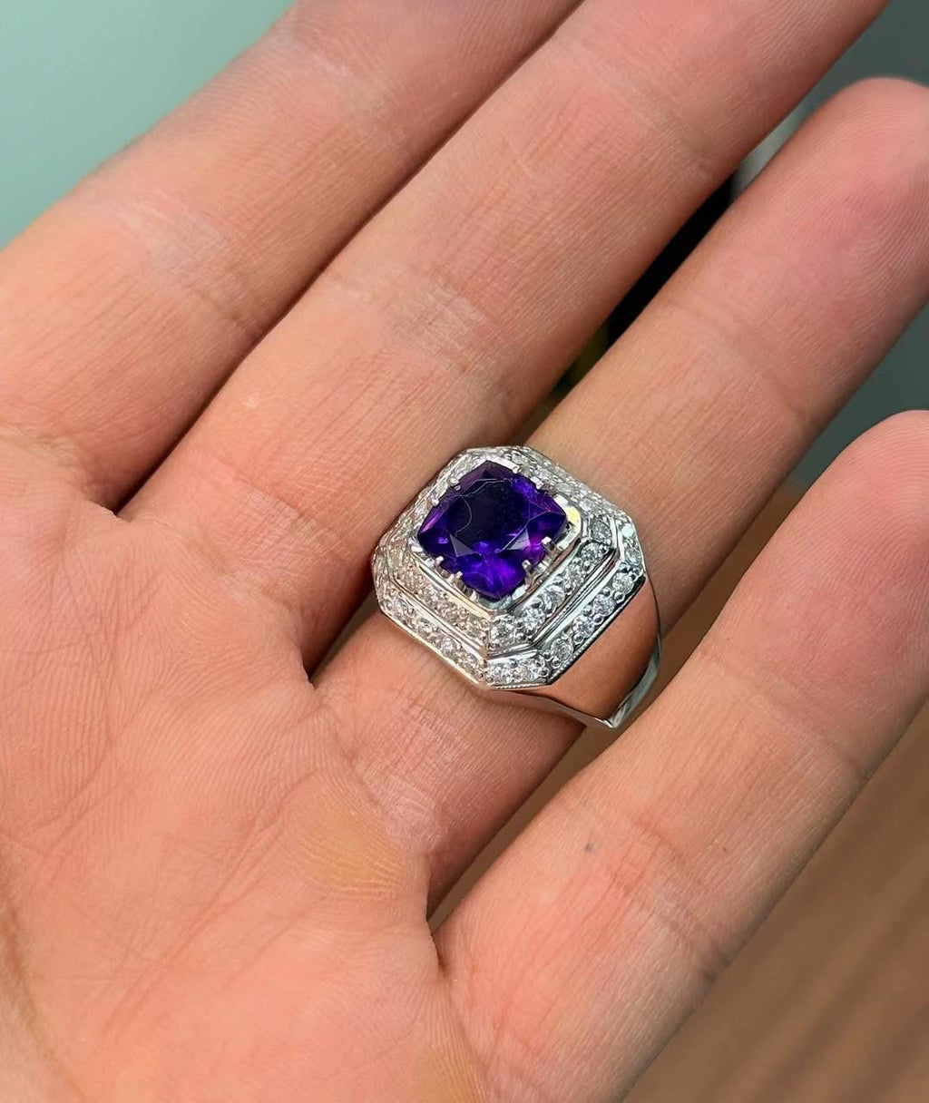 Men’s Royal Purple Gemstone Ring – Silver Band with Diamond Accents