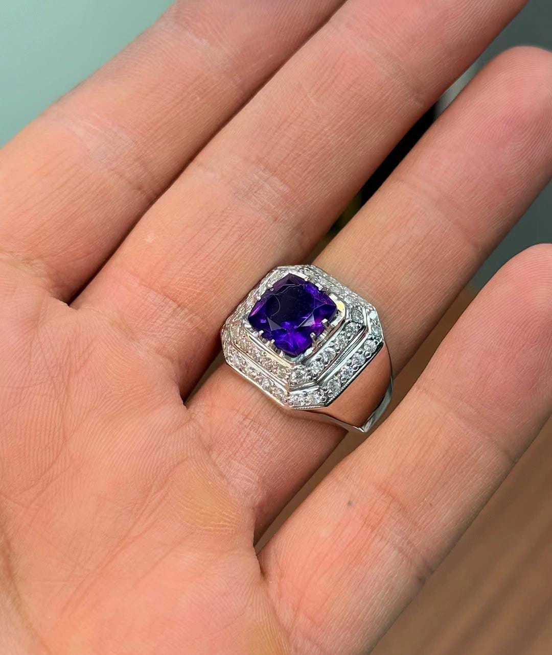 Men’s Royal Purple Gemstone Ring – Silver Band with Diamond Accents