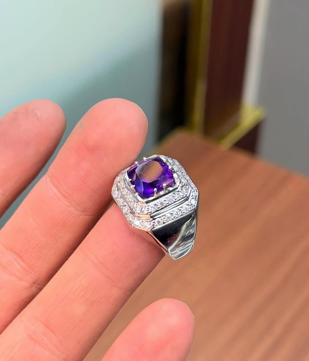 Men’s Royal Purple Gemstone Ring – Silver Band with Diamond Accents